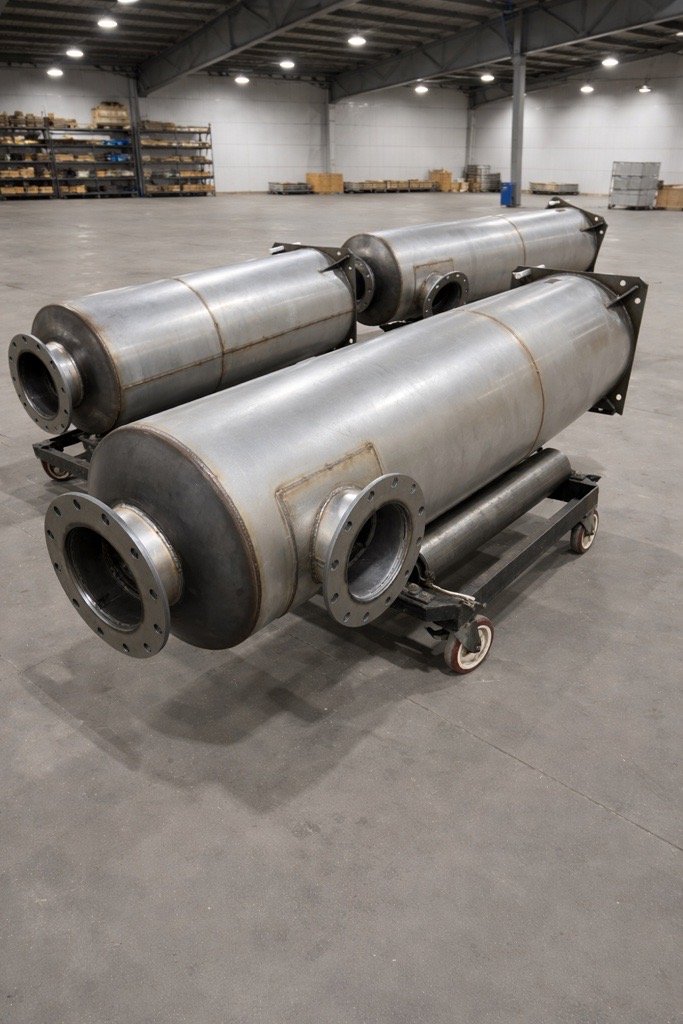 A group of large industrial cylindrical silencers sitting in an empty warehouse.