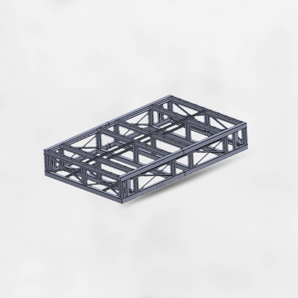 A digital rendering of a rectangular metal truss structure, likely a framework for a building or stage.