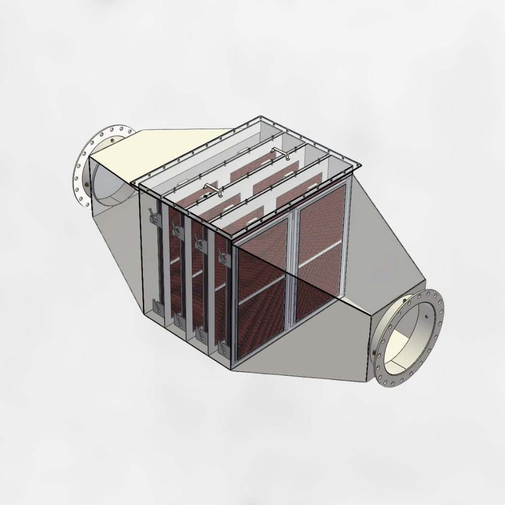 3D CAD model of an SCR system for an industrial aftertreatment system.