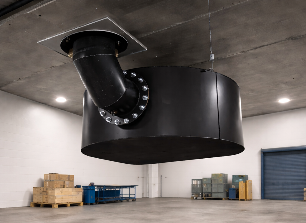 A large painted puck silencer hanging in an industrial warehouse.