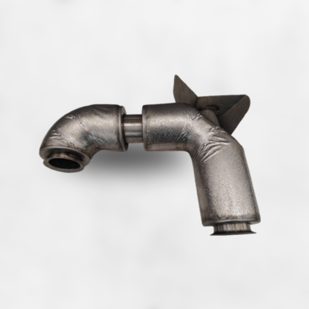 Metal exhaust pipe with a bend and flange against a white background.