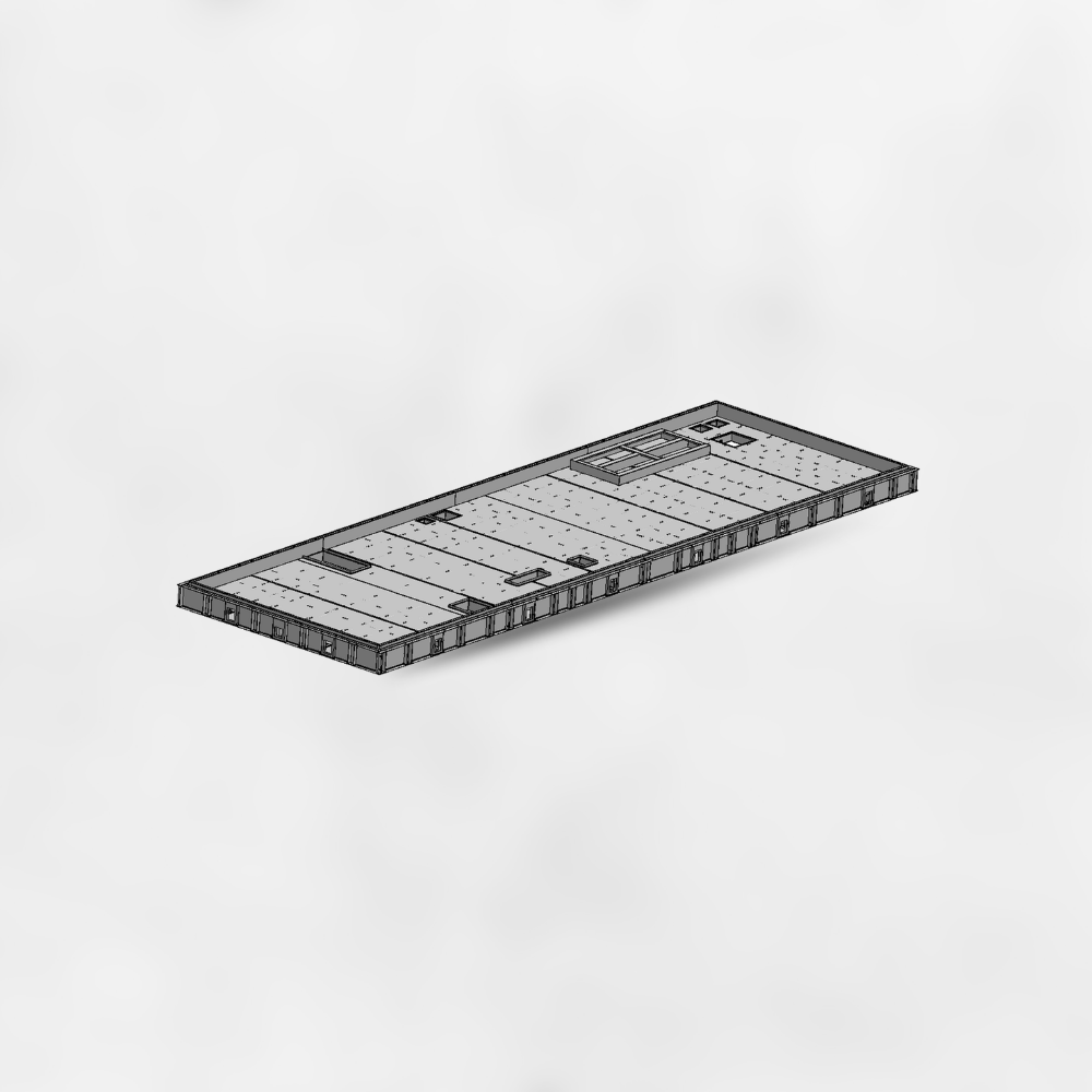 A digital rendering of a rectangular, flat, modular building or platform structure viewed from above, with various panels and sections.