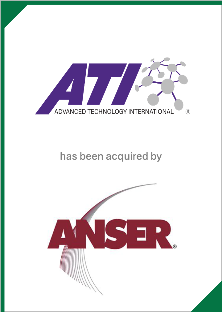 ATI logo with a molecular model graphic, X on the text indicating acquisition by Anser, with green borders at top and bottom.