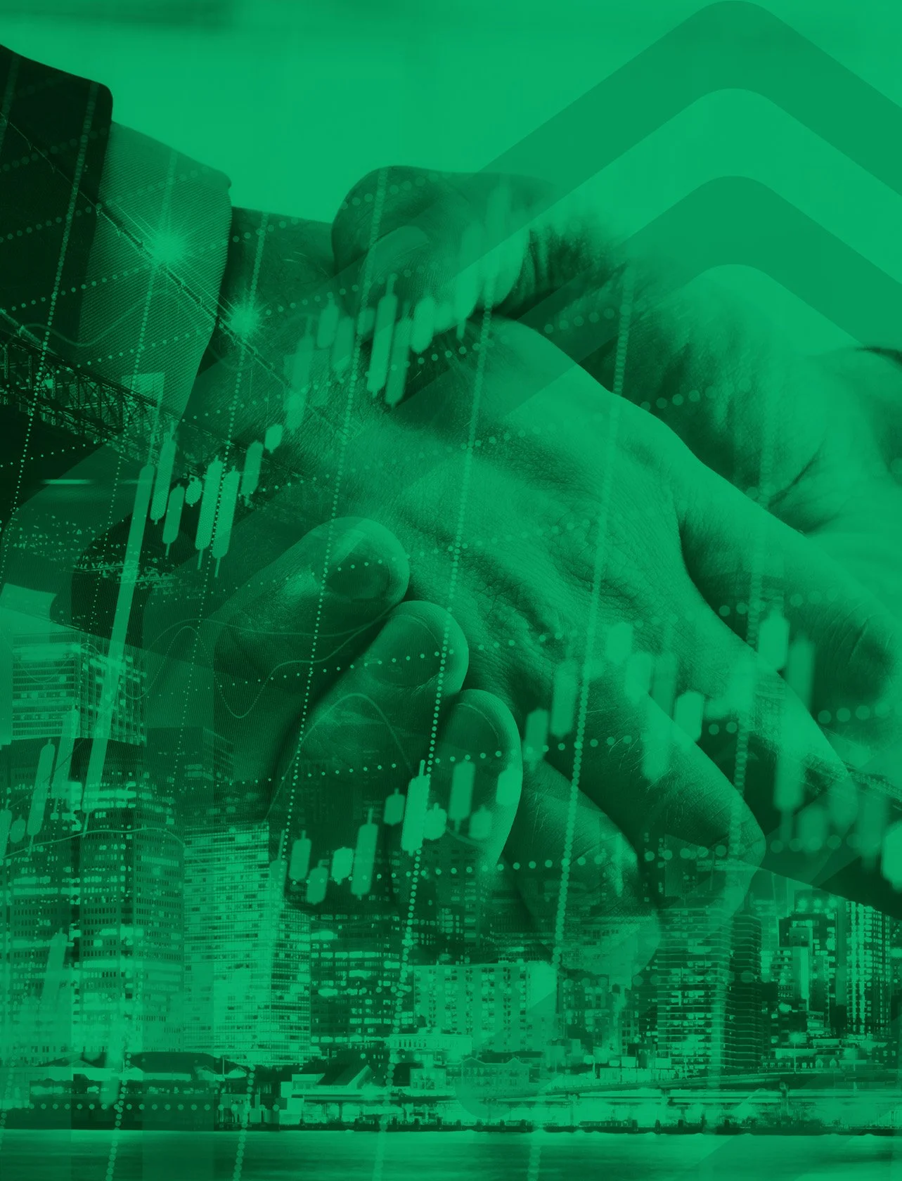 A digitally enhanced image of a business handshake overlaid with financial charts and city buildings, representing finance or technology.