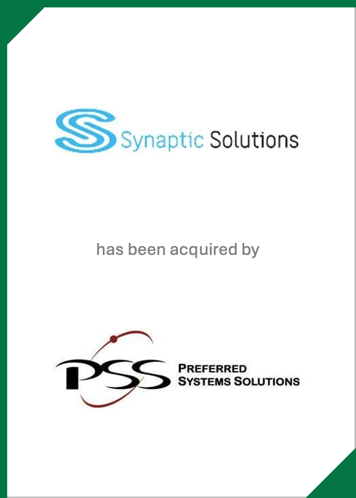 Announcement that Synaptic Solutions has been acquired by Preferred Systems Solutions, featuring their logos.