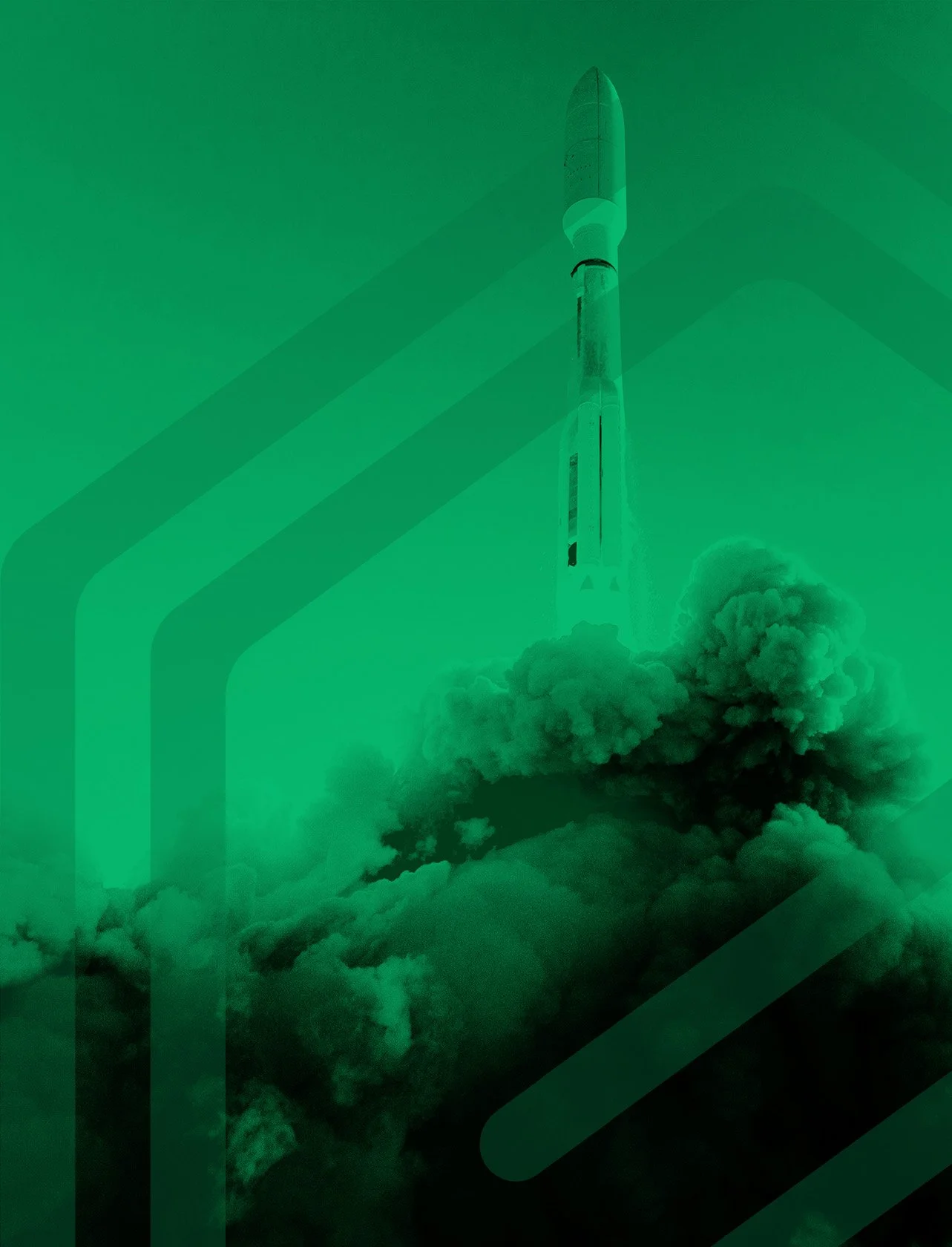 A rocket launching into the sky with a trail of smoke, over clouds, with a green overlay and geometric lines in the background.