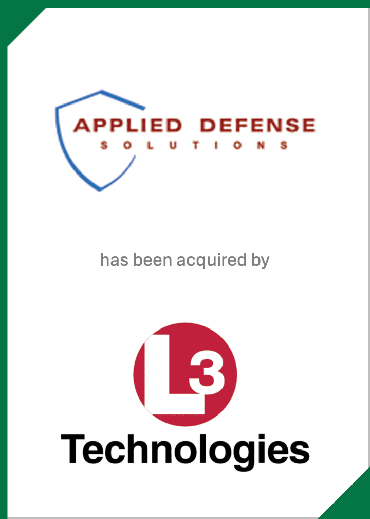 Logo of Applied Defense Solutions on top, with the words 'has been acquired by' and the logo of L3 Technologies at the bottom.