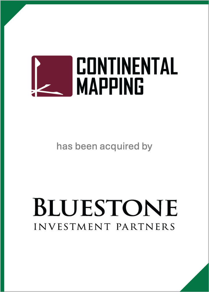 A certificate indicating that Continental Mapping has been acquired by Bluestone Investment Partners, featuring logos for both companies.