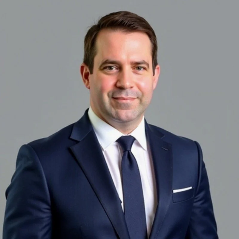 Headshot of a man in a navy blue suit with a white shirt and navy tie, smiling softly against a gray background.