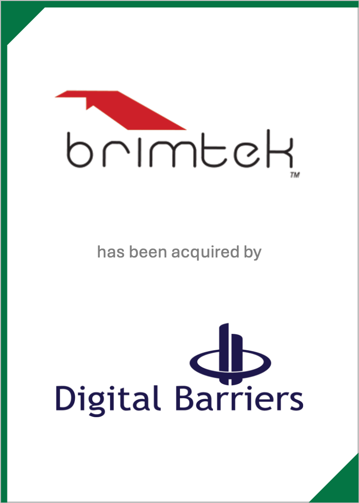 A sign with the Brimtek logo, stating it has been acquired by Digital Barriers. The sign has a green border at the top and bottom.
