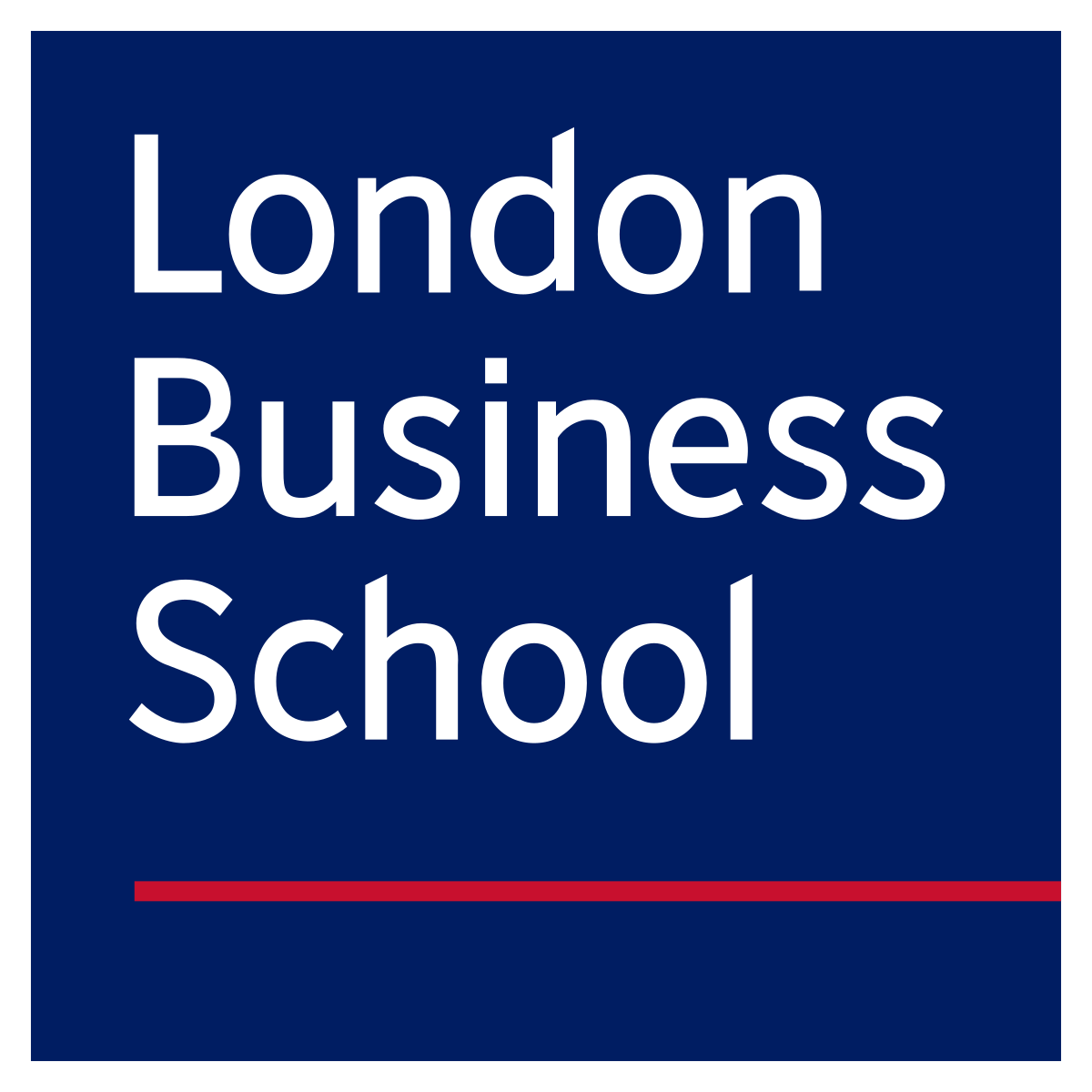 Logo for London Business School with white text on a dark blue background and a red underline.