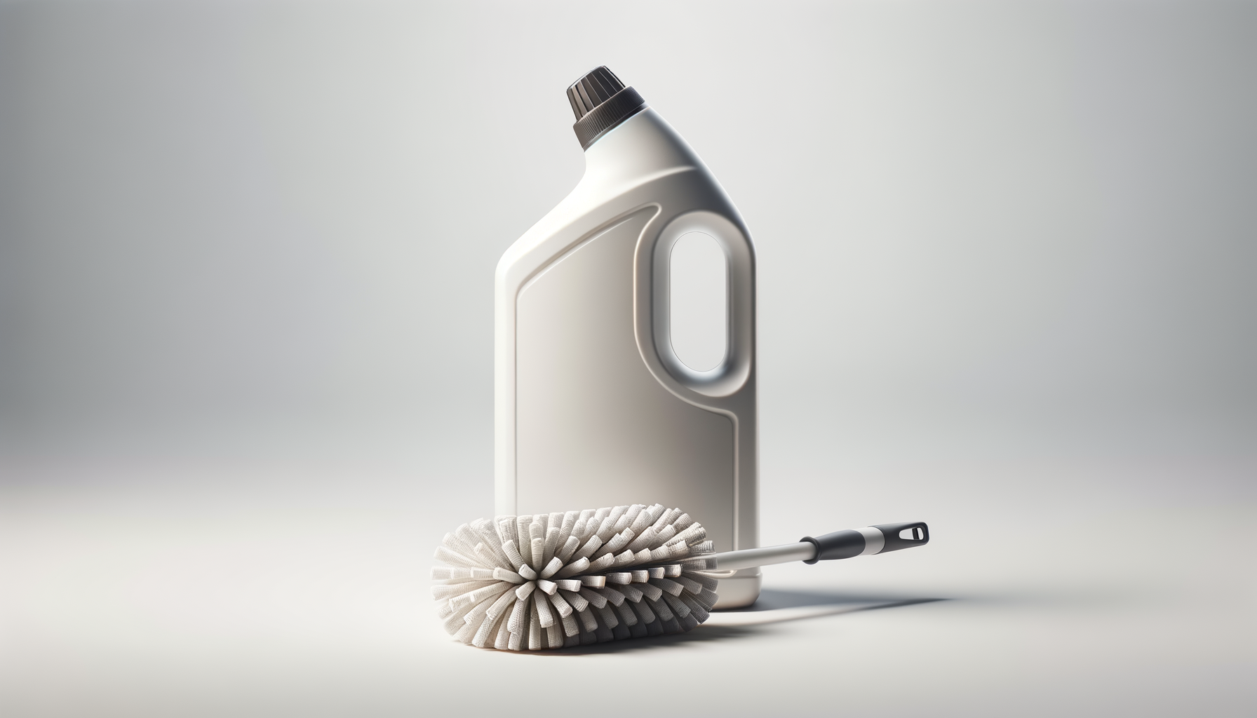 Cleaning supplies including a laundry detergent bottle and a cleaning brush on a plain background.