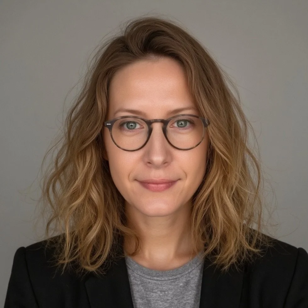 A woman with wavy, shoulder-length hair and glasses, wearing a gray shirt and black blazer, smiling at the camera against a plain background.