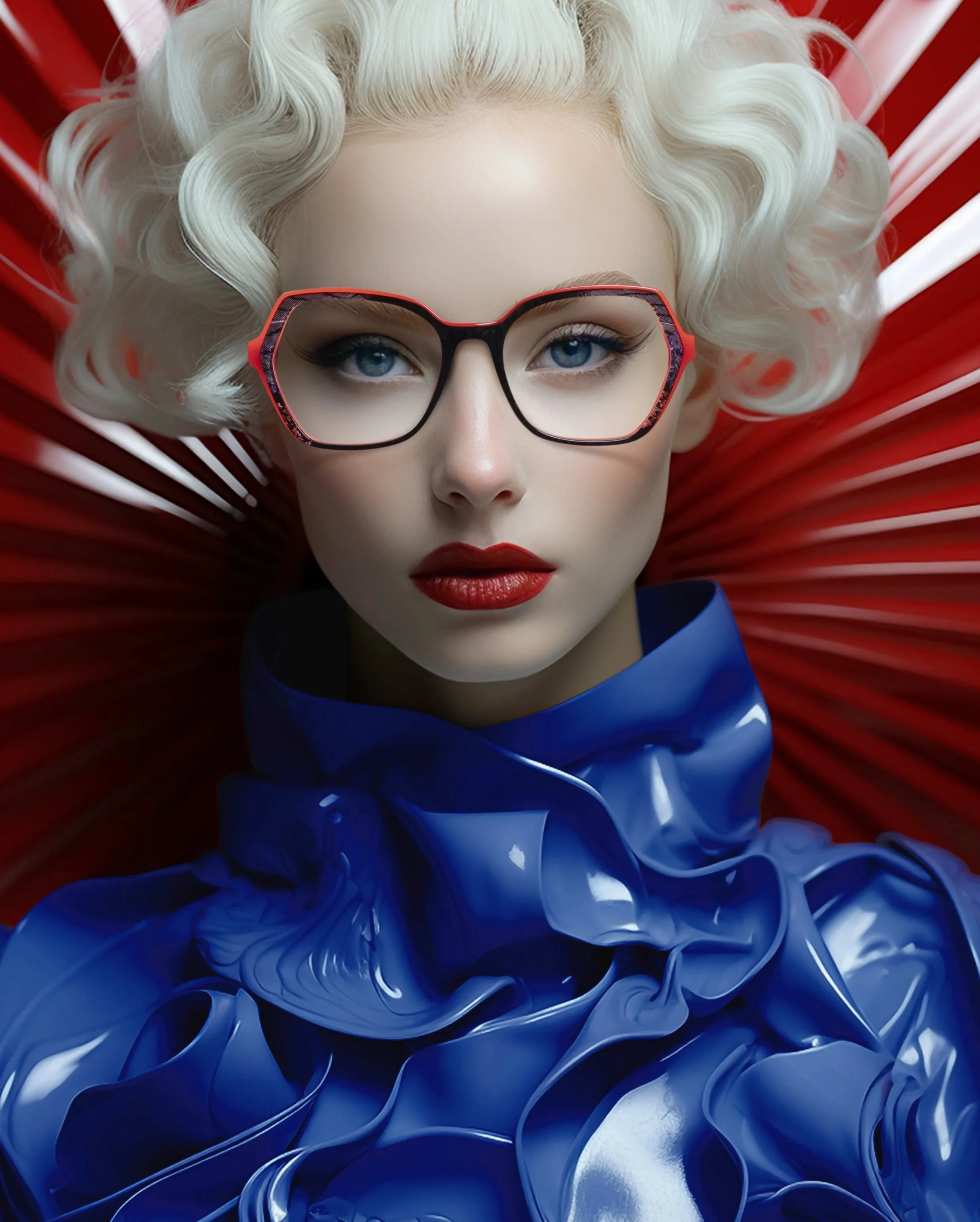 A person with platinum blonde, wavy hair, blue eyes, red lipstick, and wearing stylish glasses and blue clothing, lying on a red surface.
