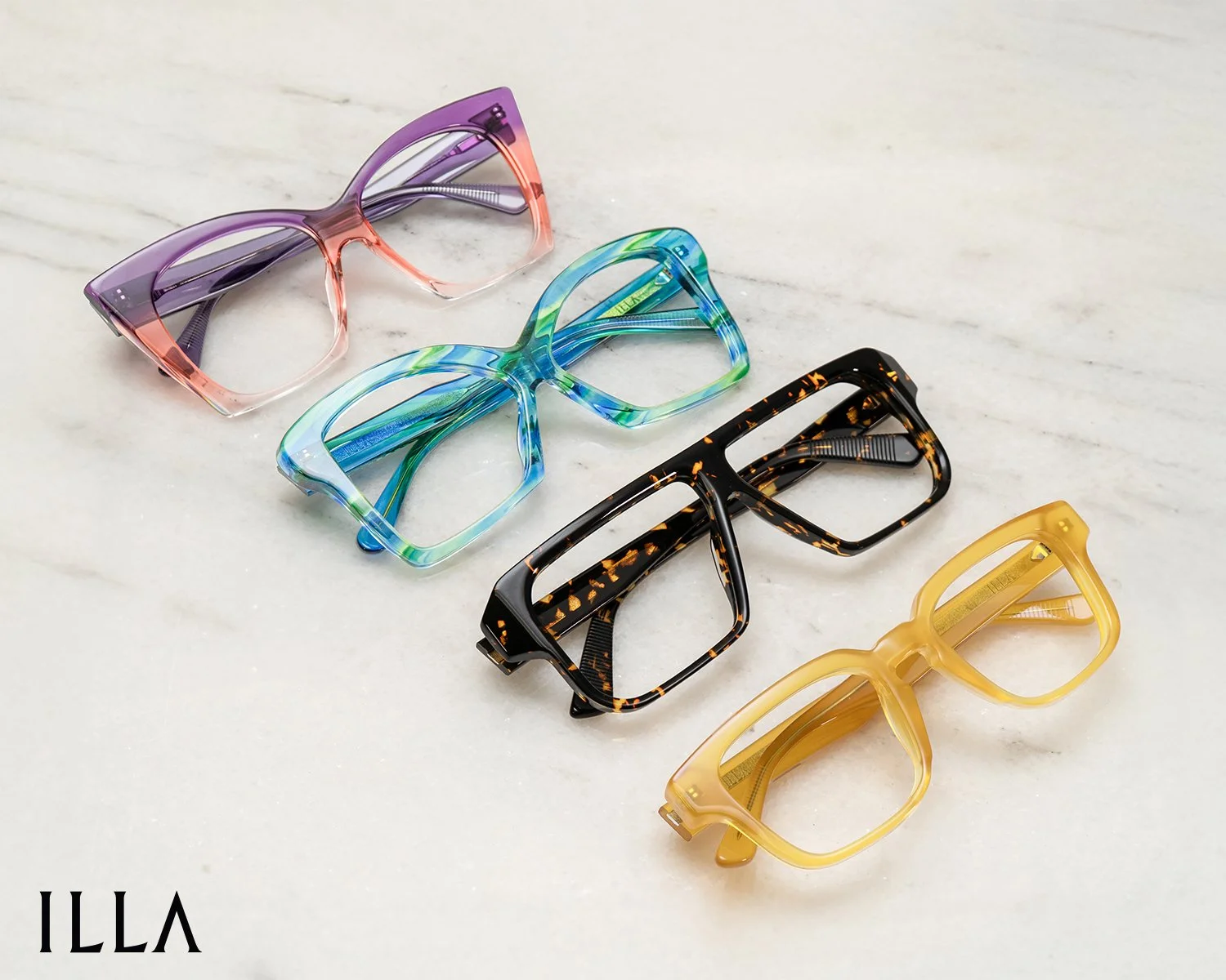 Four pairs of colorful sunglasses arranged on a white surface, each with a different frame color: purple-pink, blue-green, black tortoise shell, and yellow.