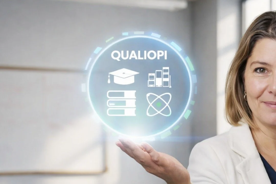 Une Spécialiste Qualiopi tient une interface holographique avec le texte "QUALIOPI" et des icônes représentant un chapeau de diplômé, des livres, des barres de progression et un atome.