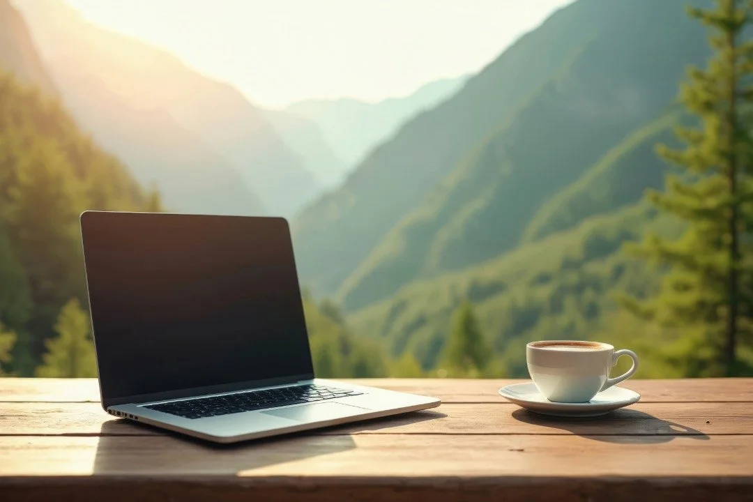 Un ordinateur portable ouvert et une tasse de café sur une table en bois avec une vue de montagnes vertes et un ciel lumineux en arrière-plan. Qualiopi pour les organismes de formation.