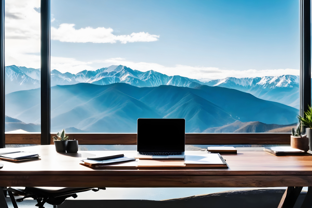 Bureau avec un ordinateur portable, des plantes, et des documents, face à une grande fenêtre offrant une vue sur des montagnes enneigées et un ciel bleu. Travailler son dossier Qualiopi.