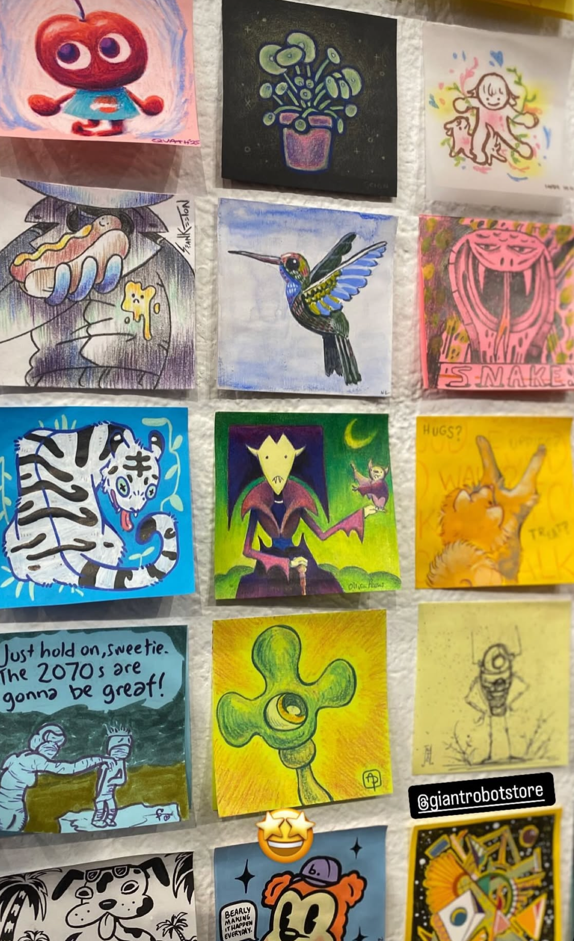 Collection of various colorful and artistic drawings produced with different styles, including pictures of animals, a bird, a plant, a clown, a girl with a dog, a tiger, a cartoon character, and abstract art.