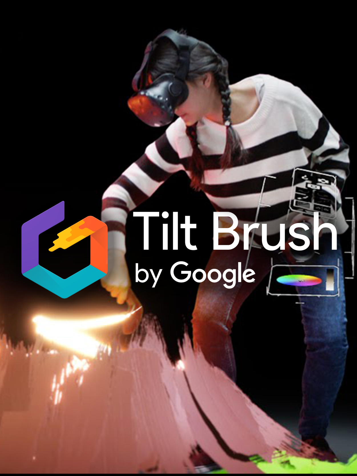 A young girl wearing a virtual reality headset and holding a tool, appears to be working on a virtual or digital project with digital overlays around her.