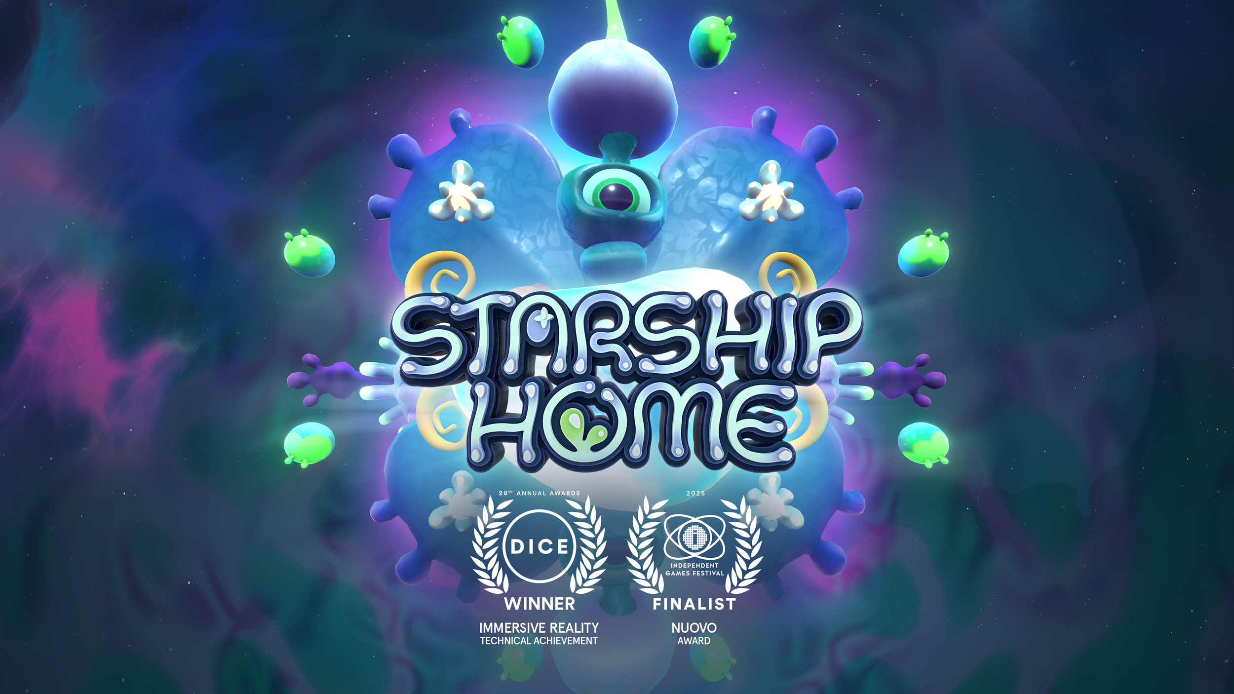 Artwork for the game 'Starship Home' featuring a colorful, cartoonish space scene with alien-like creatures surrounding the game title. It shows awards for 'Immersive Reality,' 'Technical Achievement,' and 'Nuovo Award' from the 28th Annual Awards.