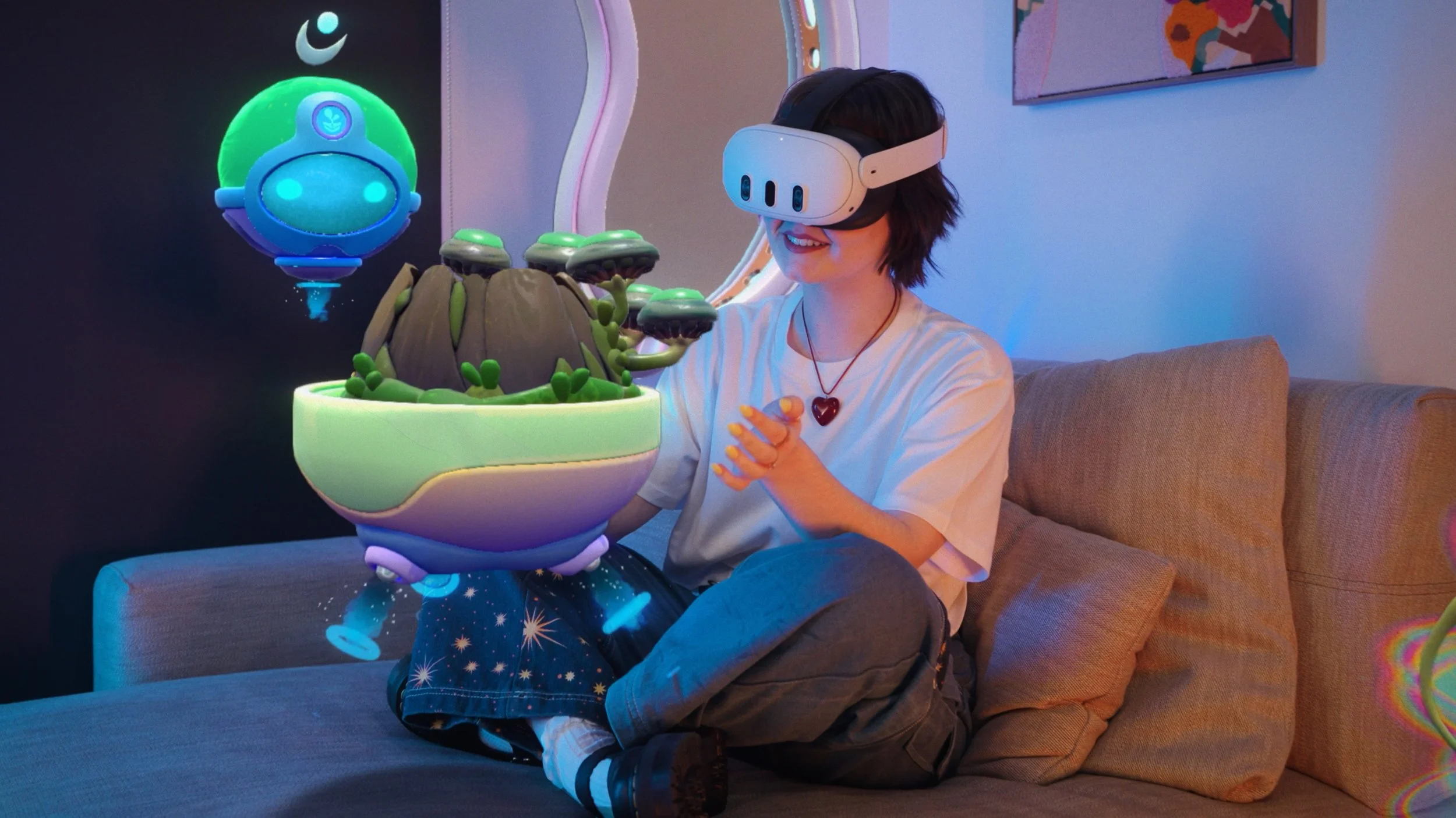 A woman wearing a virtual reality headset sitting on a couch, interacting with a floating digital garden that has a mountain and mushroom-like features.