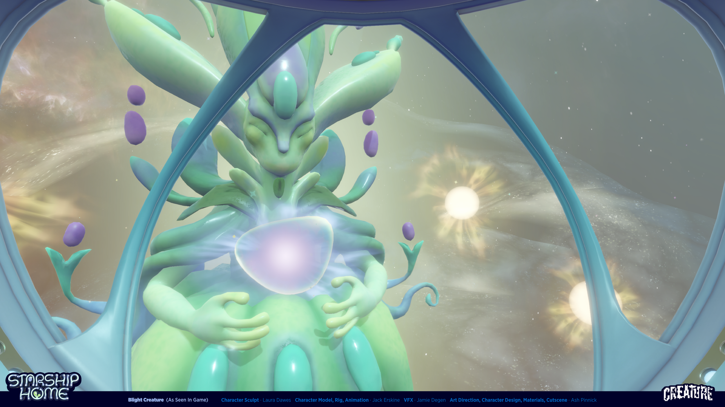 A fantastical, alien creature with a humanoid form, multiple elongated limbs, and a large glowing orb at its abdomen, seen through a futuristic window with a cosmic background of stars and bright light sources.