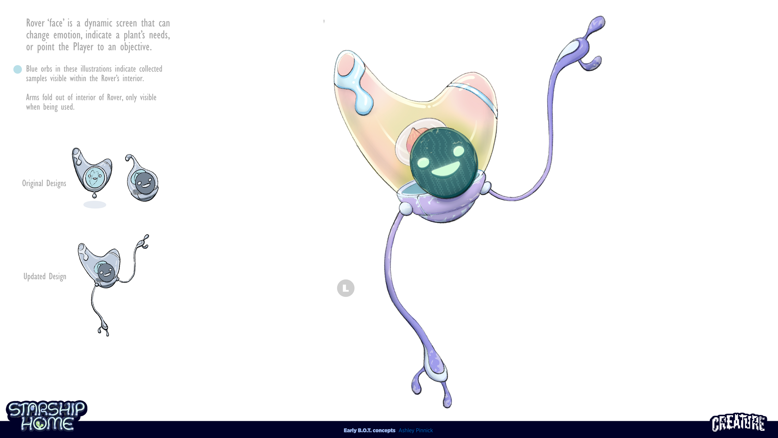 A colorful depiction of the Starship Home character, a robot with plant-like features, a smiling green face, and purple limbs, with a plant-like body and a floating head in a pastel color palette.