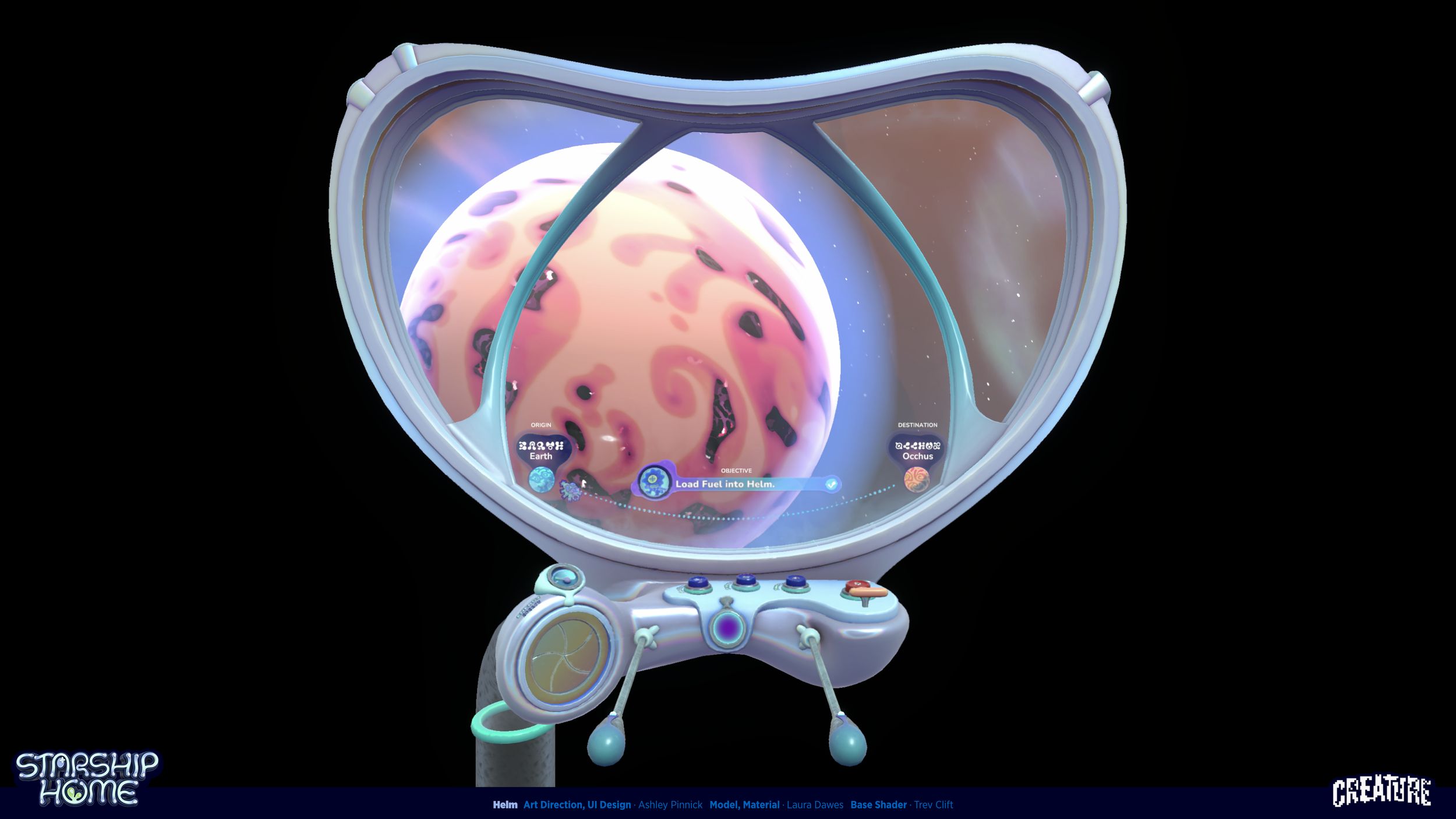 Futuristic spaceship cockpit with a view of a planet in space. The cockpit has a virtual display with mission details, control buttons, and a steering mechanism. The space scene shows a colorful planet and stars.