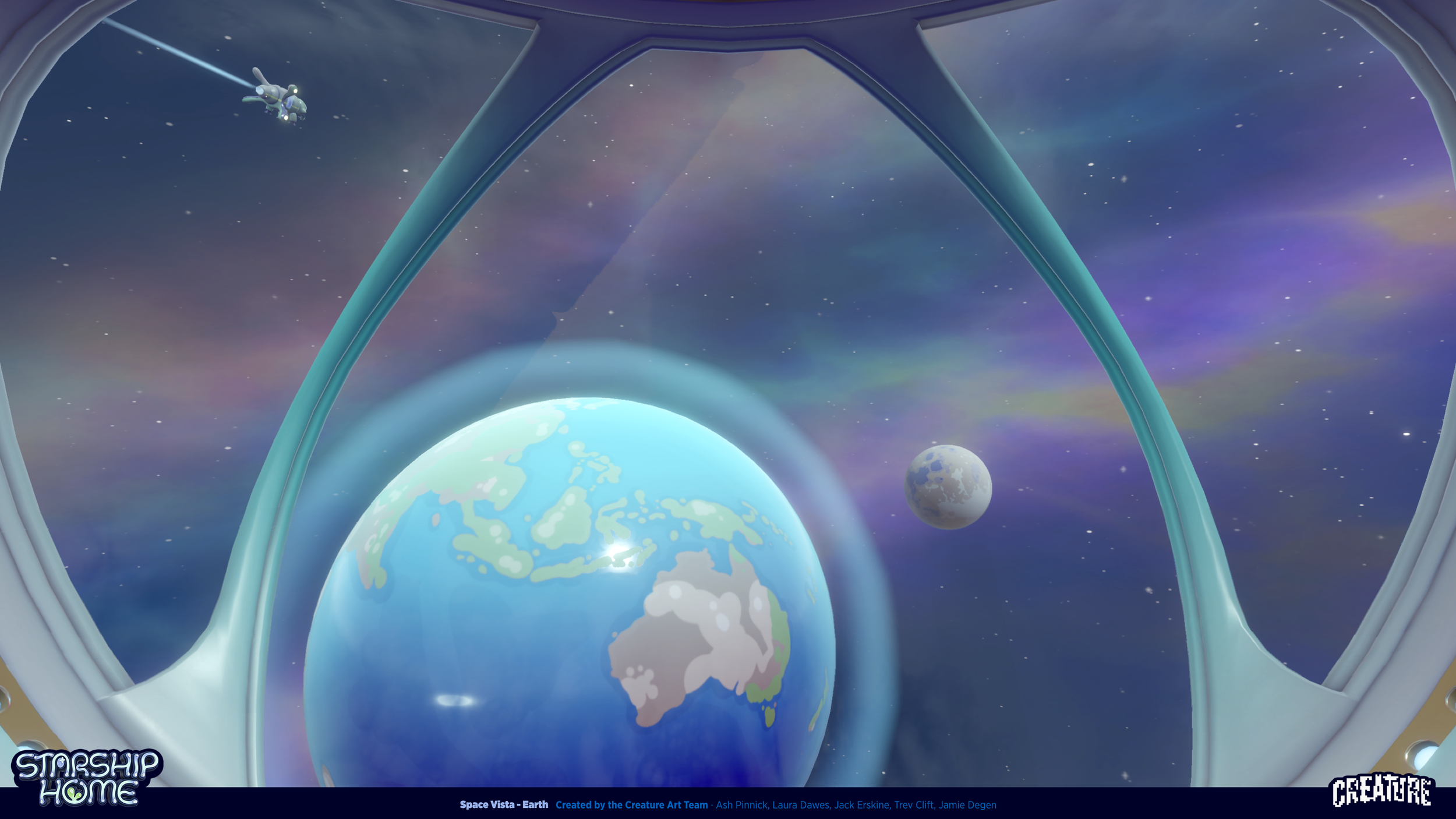 View from a spaceship window showing Earth, the Moon, and a distant spaceship in outer space with colorful nebulae in the background.