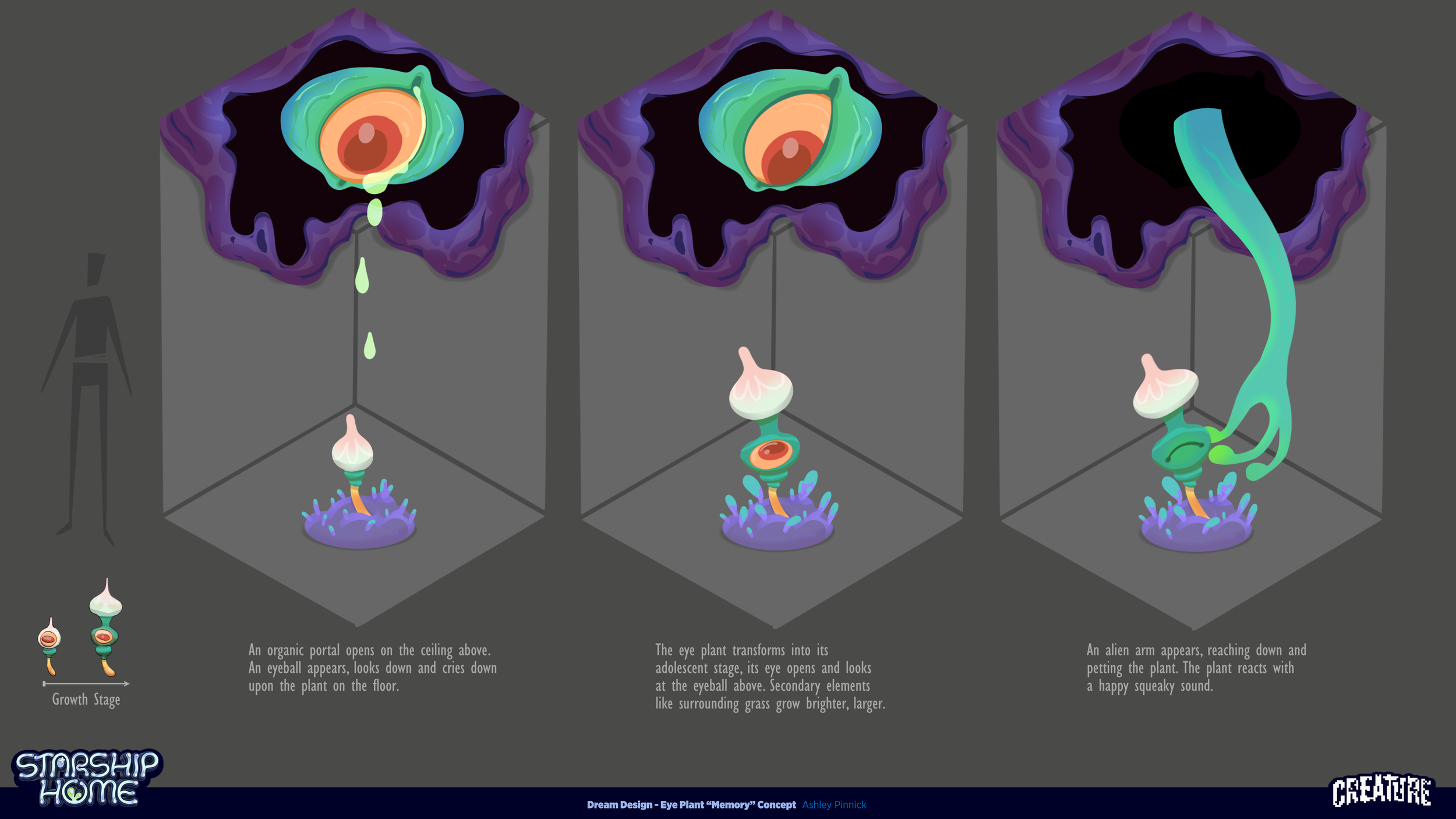 A three-panel illustration showing the growth stages of an eye plant. The first panel depicts an organic portal on the ceiling with a teardrop-shaped eye forming at the plant's base. The second panel shows the eye plant transforming into its adolesce