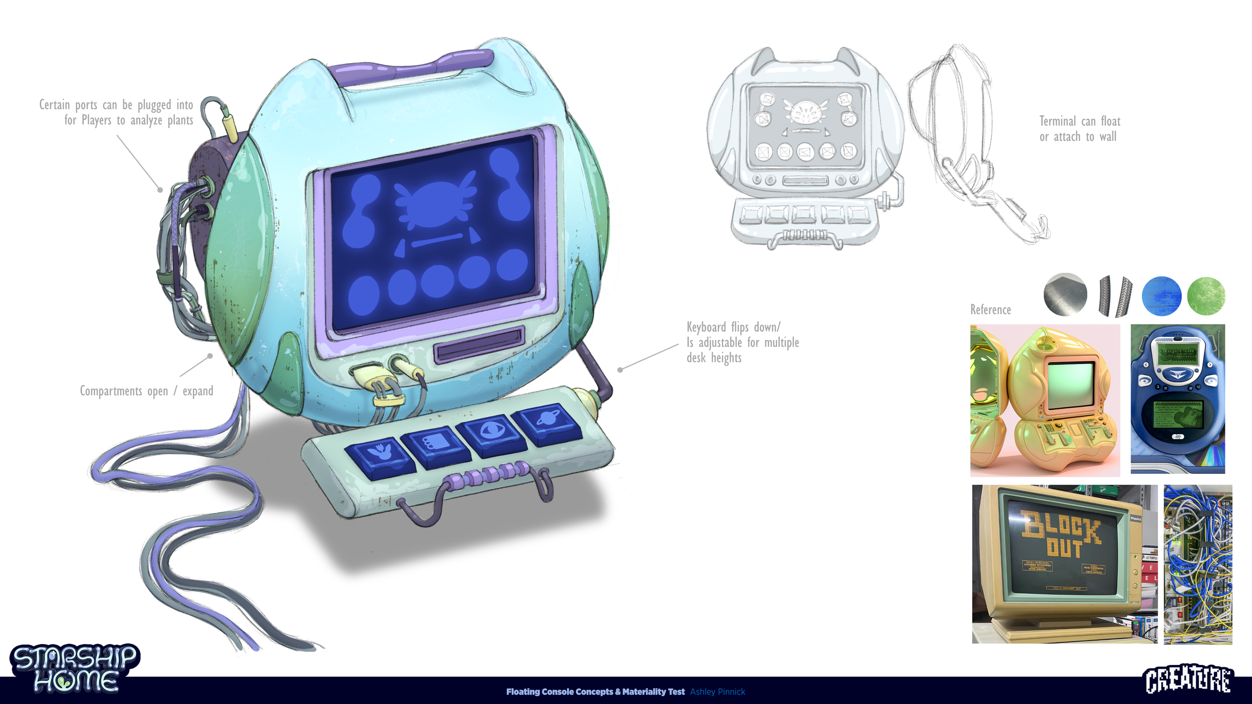 Concept illustration of a futuristic floating console with a teal and purple color scheme. It features a large monitor with a blue display, compartments that open and expand, control buttons, a floating terminal with attachable strap, and ports for a