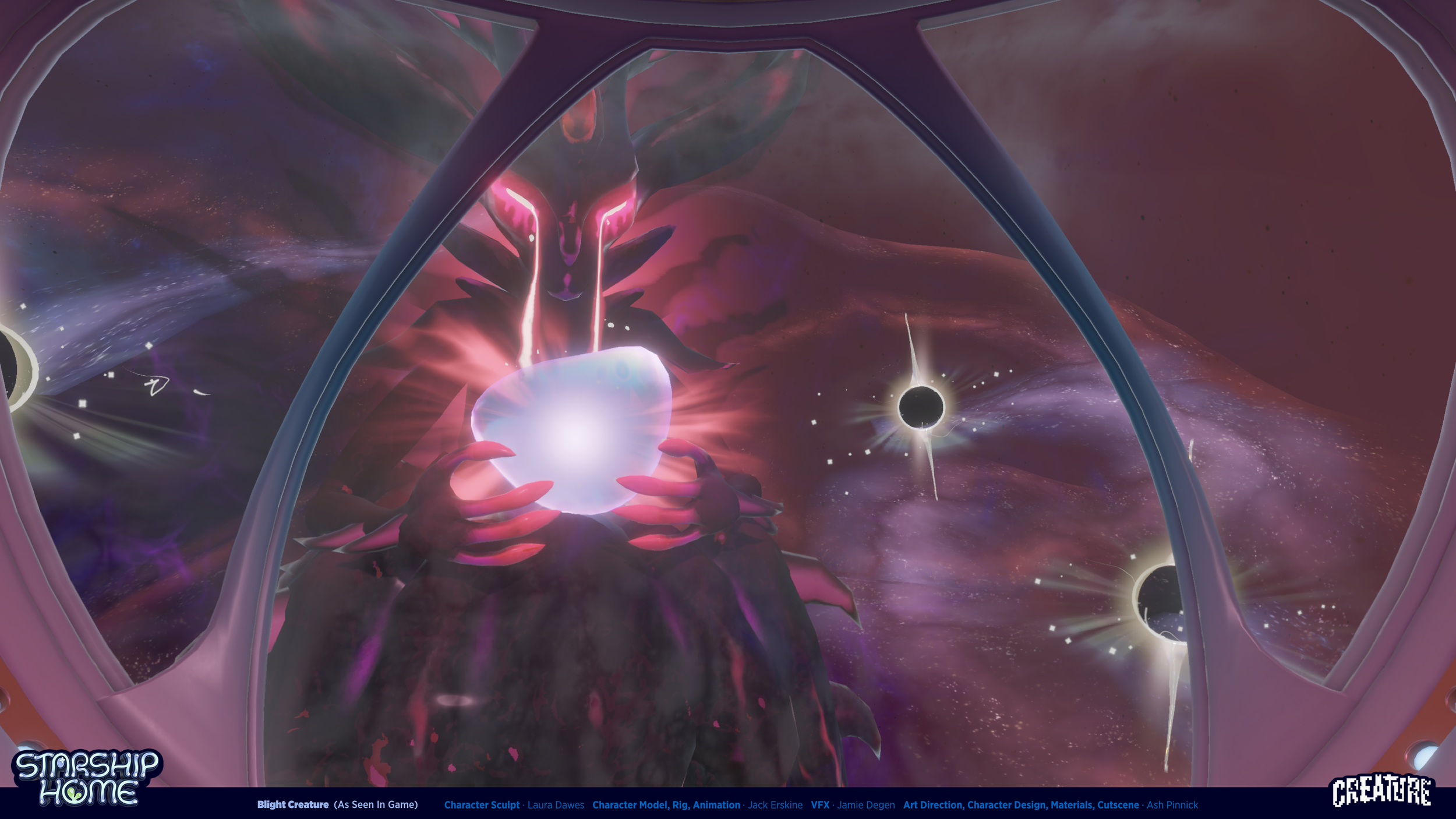 A digital sci-fi artwork depicting a dark, demonic creature with glowing pink eyes and horns, holding a glowing orb with energy radiating from it, set against a cosmic background with multiple solar eclipses.