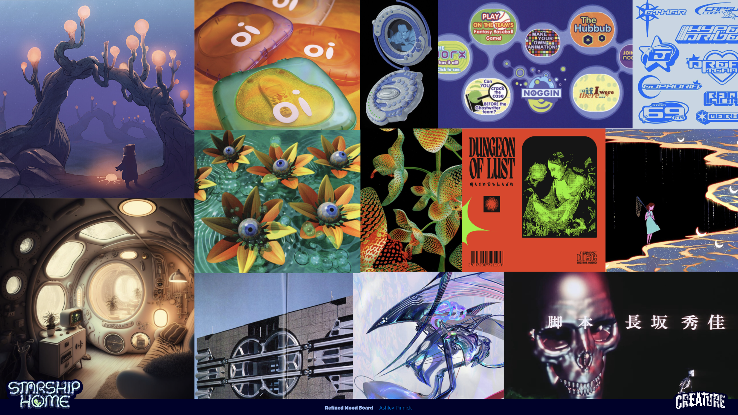 A collage of various digital and artistic images including a girl looking at a sunrise through a tree arch, colorful digital creatures, futuristic gadgets, game covers, scenes of a girl climbing a surreal landscape, a cozy space-themed room, abstract