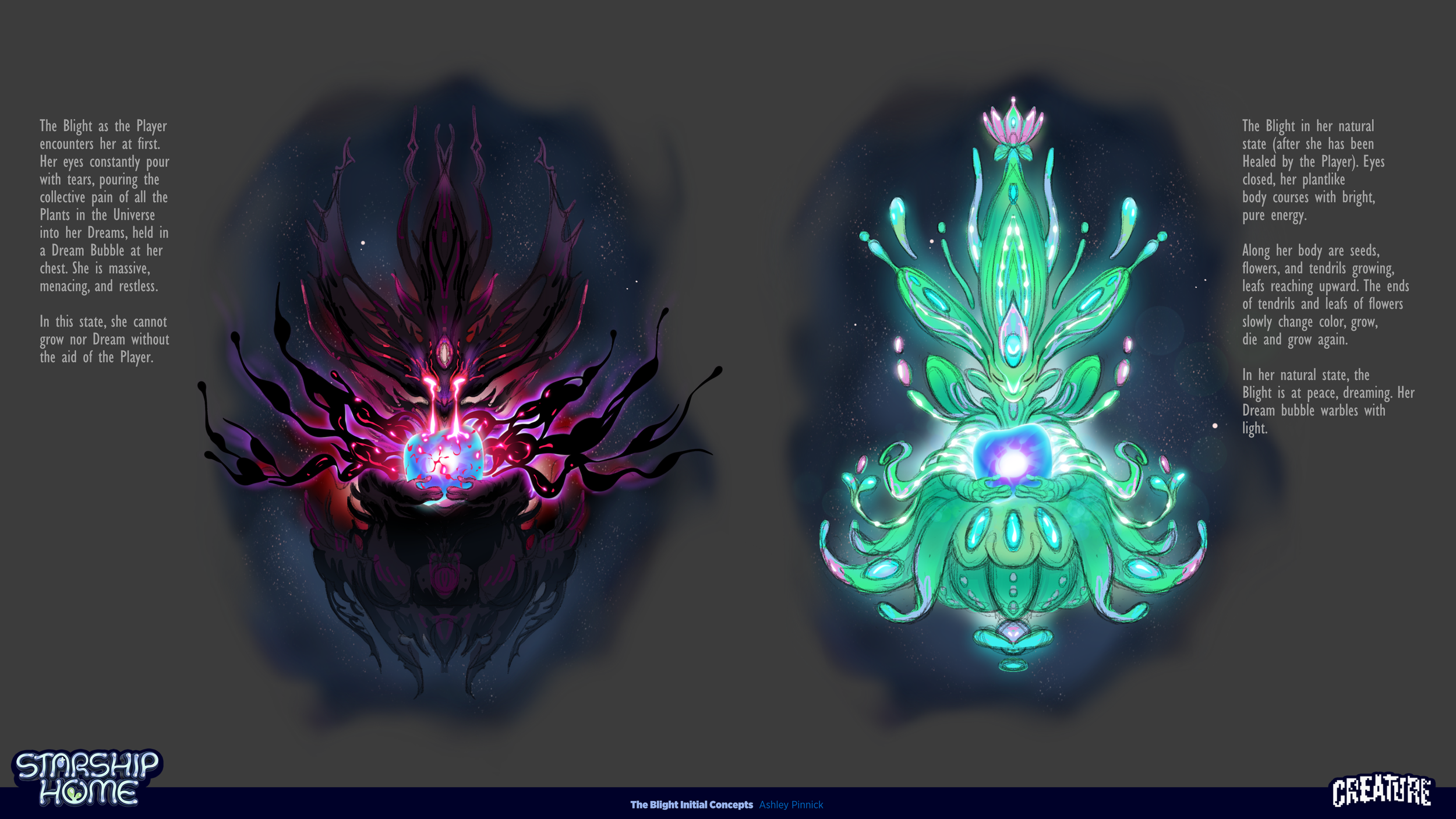 Two digital illustrations of a mystical plant or creature. The left illustration depicts a dark, menacing entity with black and purple tendrils, intense eyes, holding a glowing blue orb. The right illustration shows a bright, peaceful plant or creatu