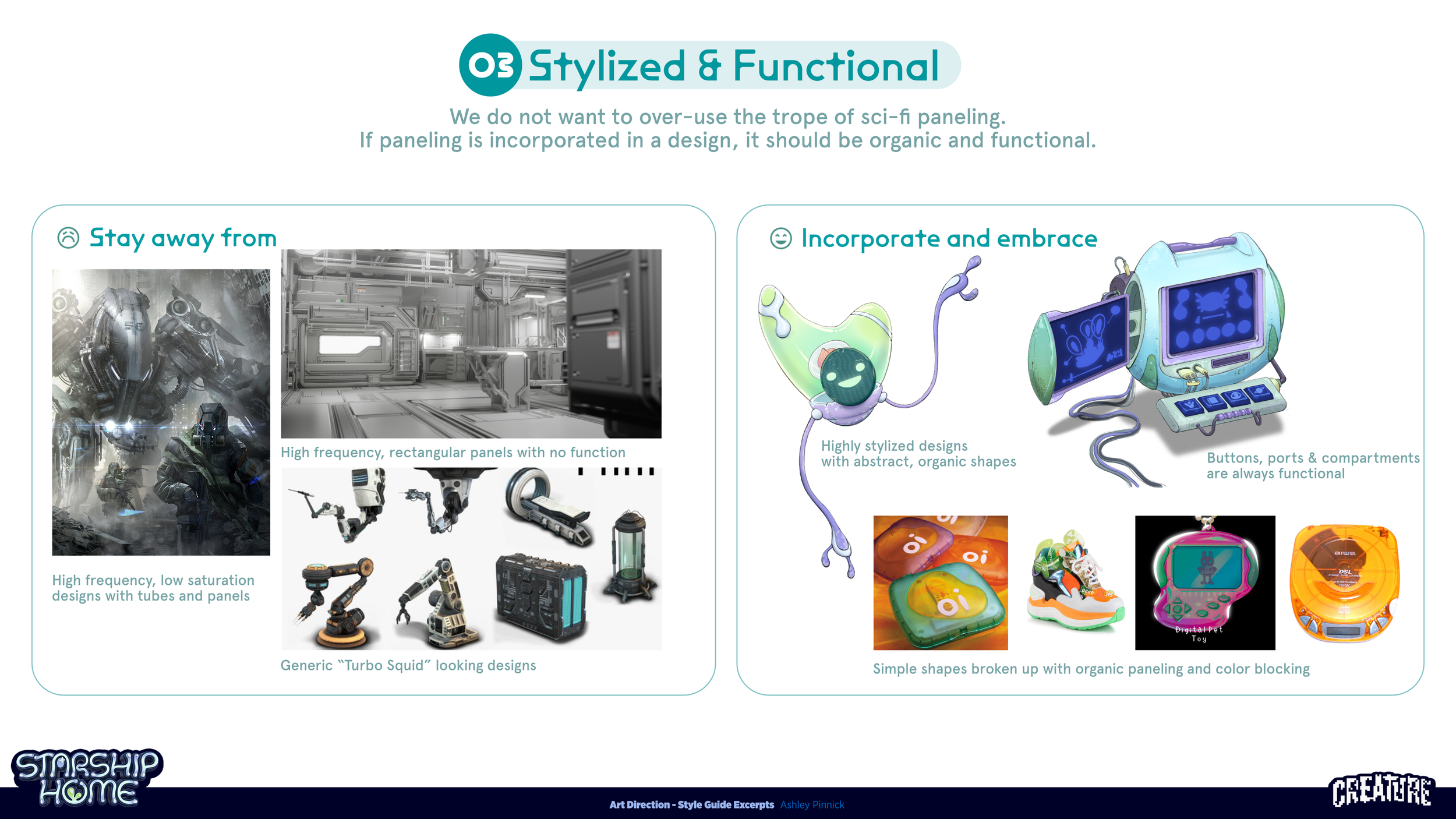 A design style guide emphasizing organic and functional sci-fi paneling, contrasting with high-frequency, low-saturation designs with tubes and panels, and generic 'Turbo Squid' robot aesthetics. Includes illustrations of abstract, organic shapes wit