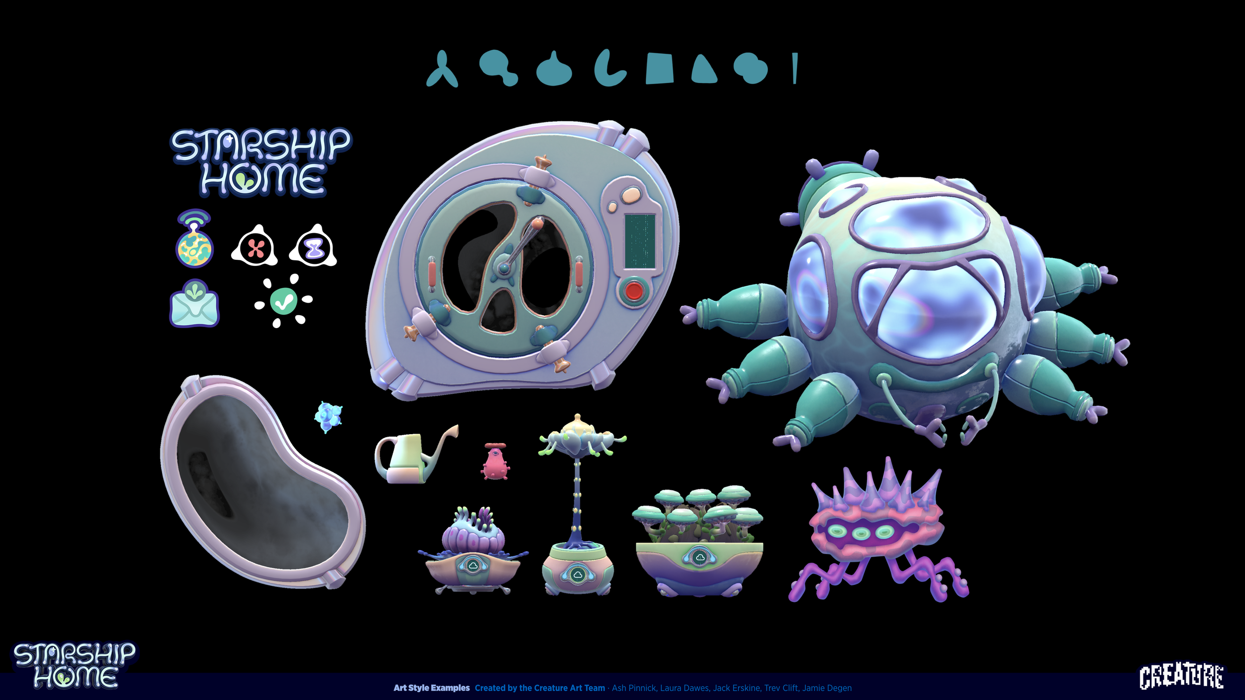 Various colorful cartoon-style alien and spaceship models, including a large spherical alien with multiple appendages, a spaceship with a control panel, smaller alien creatures, and plant-like structures, all from the Starship Home art style.