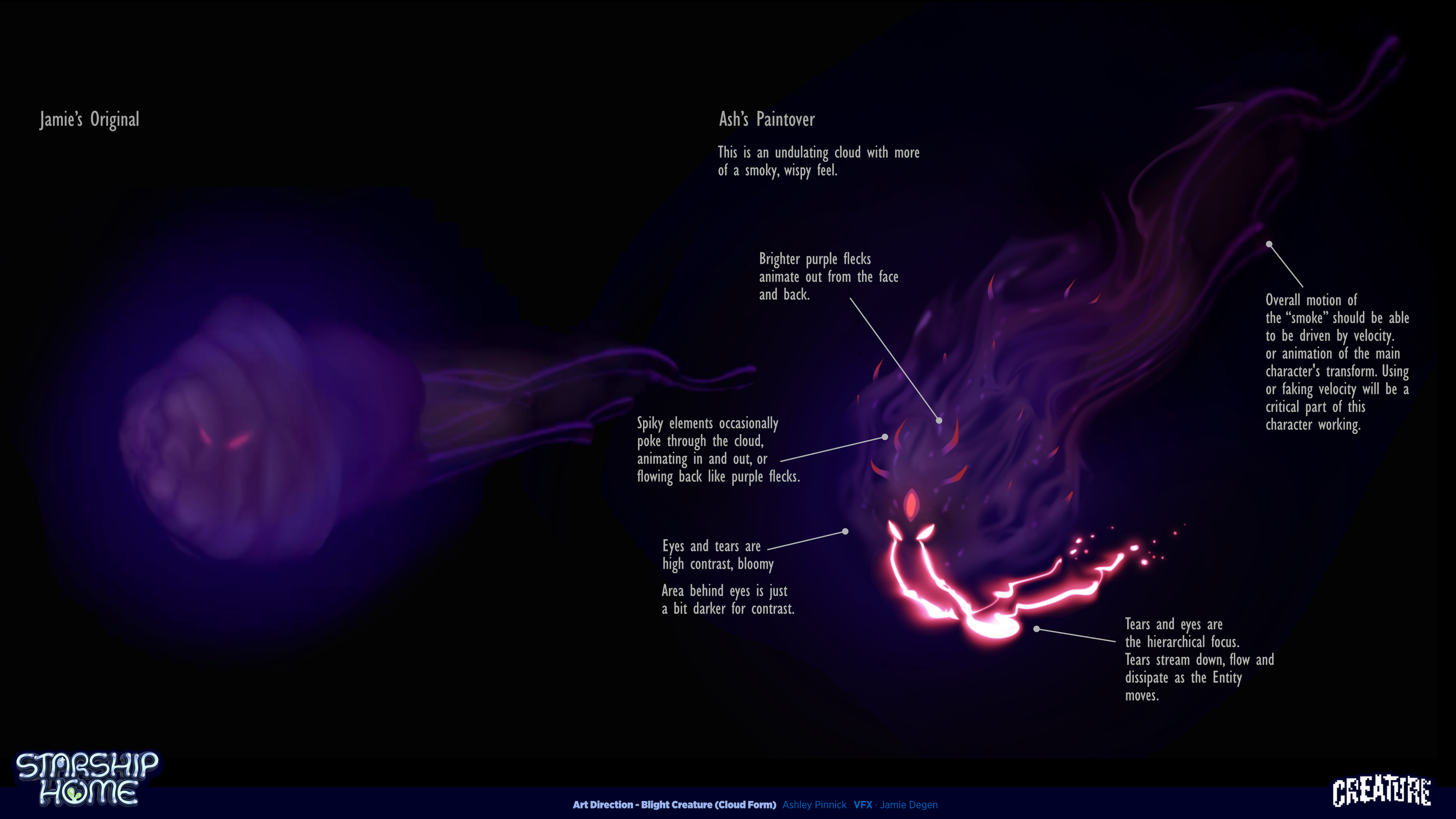 Digital art of a purple, wispy cloud with glowing eyes and tears, labeled 'Ash's Paintover,' showing an undulating, smoky, wispy cloud formation with dynamic, flickering purple and red flames and elements indicating movement and emotion.