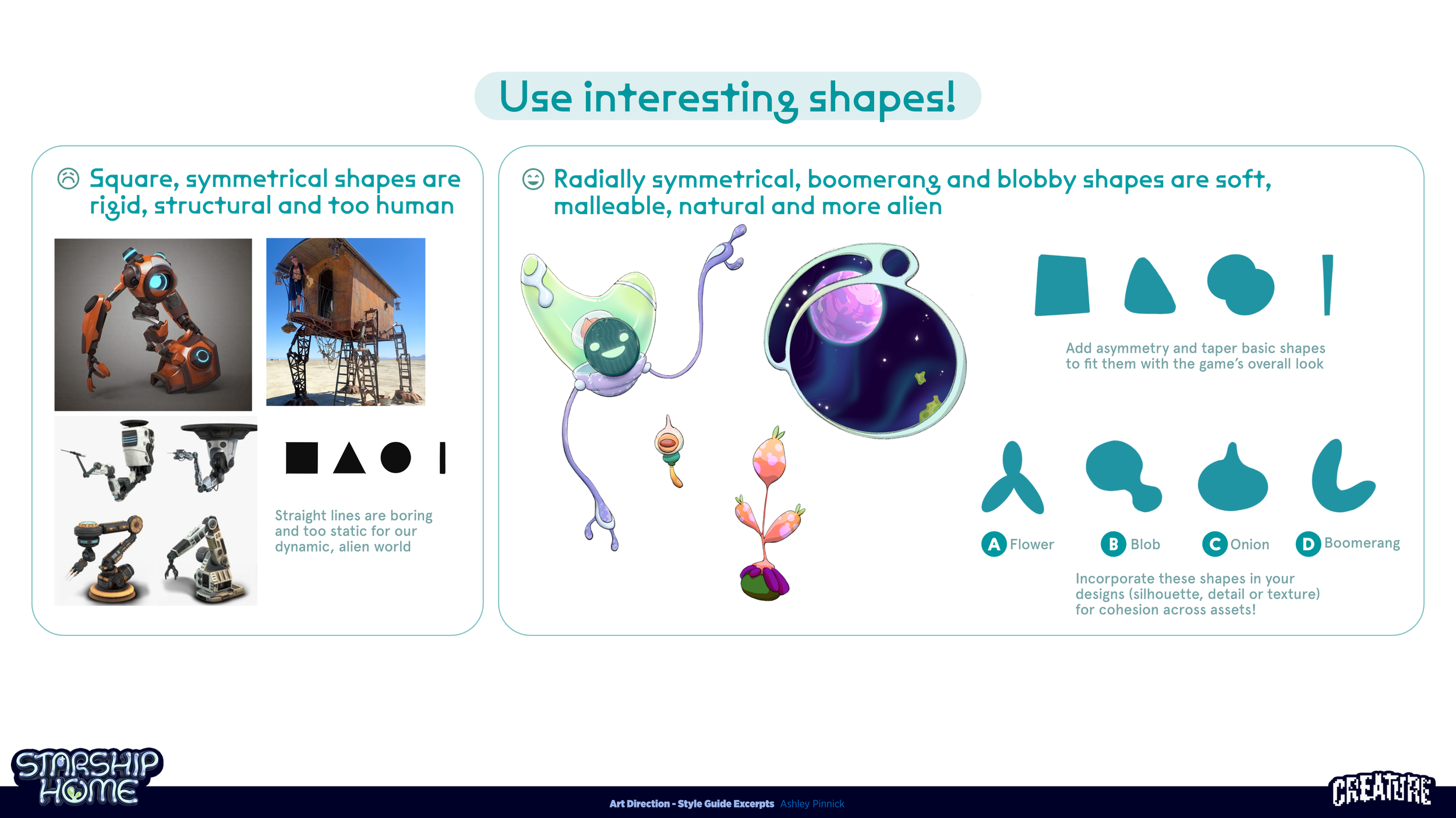 Chart comparing geometric shapes and organic, alien shapes, with examples and design tips, featuring cartoonish alien plants and planets on a science fiction theme.