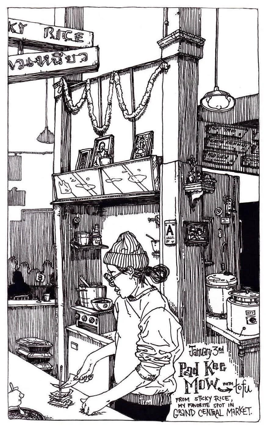 Black and white drawing of a woman in a market kitchen. She wears glasses, a beanie, and a sweatshirt. The kitchen is decorated with framed pictures, garlands, and various kitchen tools, with market signage in Thai above.