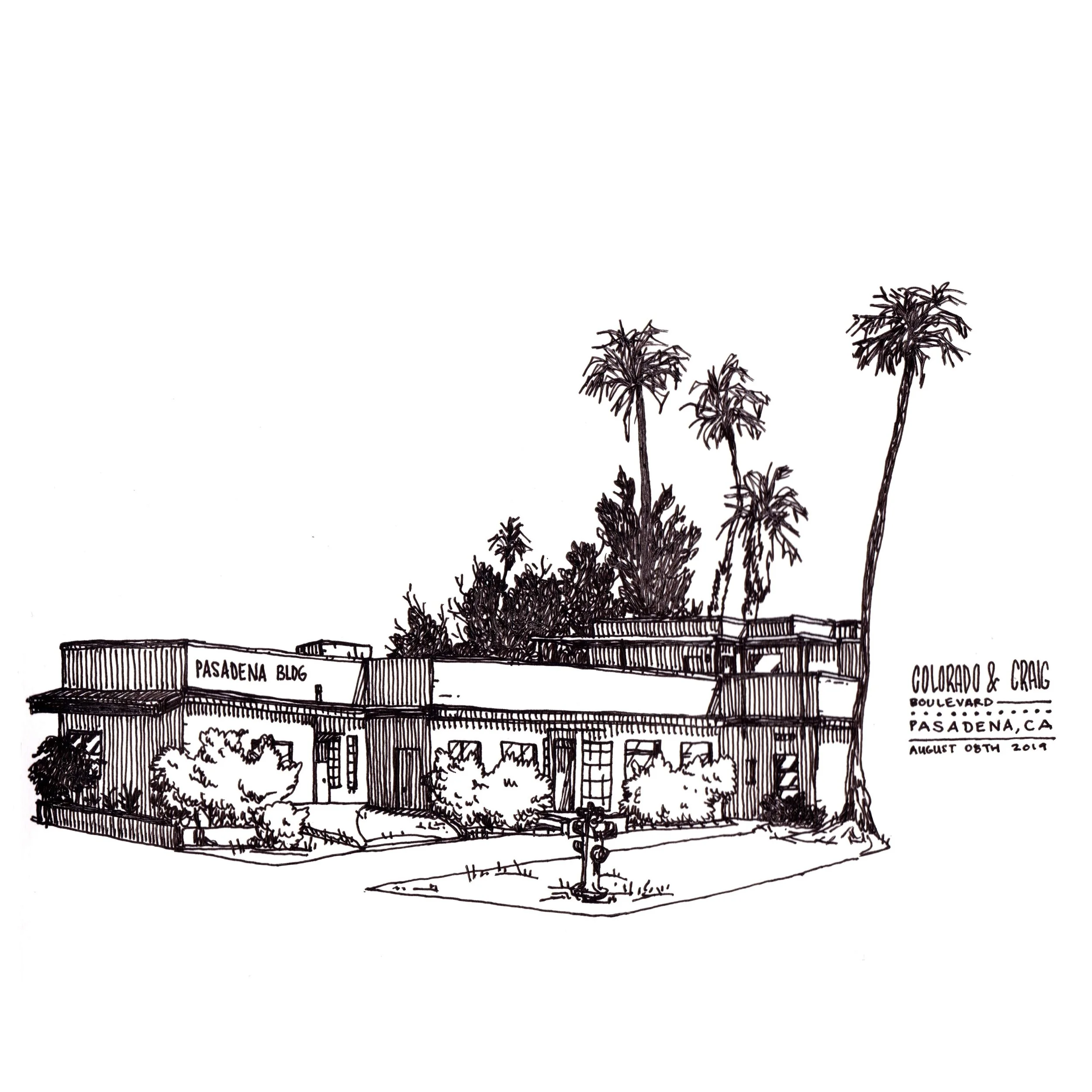 A black and white line drawing of the Pasadena Building, with palm trees behind it, and some bushes in front. There is a small grass patch with a water fountain in the middle of the sidewalk. The drawing includes the text 'PASADENA BLG' on the buildi