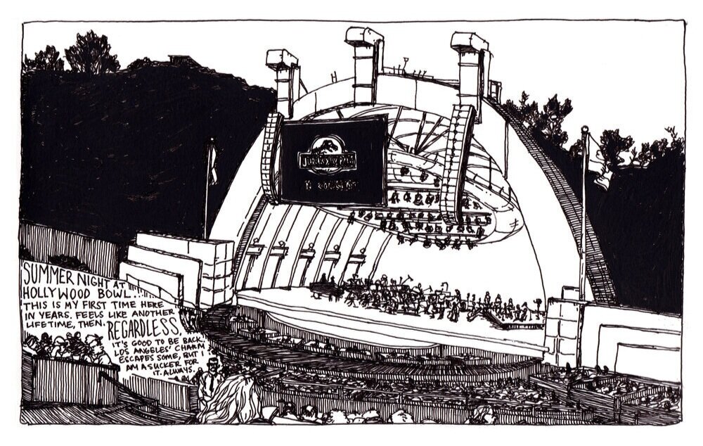 Drawing of an outdoor concert at the Hollywood Bowl, featuring a stage with a large screen displaying the Jurassic Park logo, surrounded by trees and an audience seated in front.