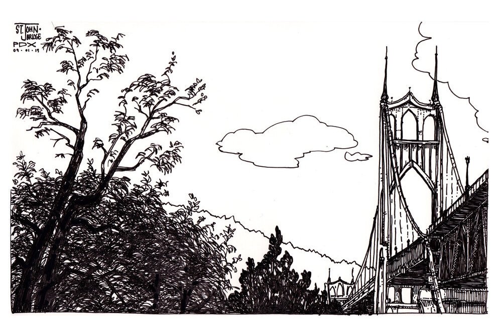 Line drawing of the San Francisco Bay Bridge with trees and sky in the background.