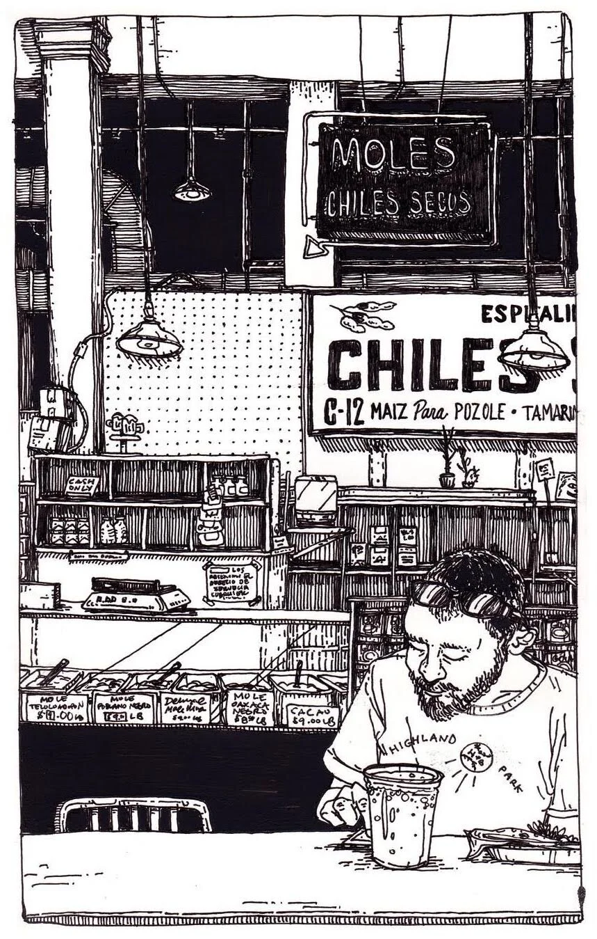 Line drawing of a man with glasses and a beard sitting at a counter with a drink and a plate, inside a shop selling seeds and corn, with signs in Spanish and an illuminated sign reading 'Moles Chile Seeds'.