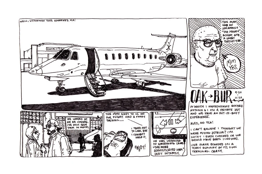 A comic strip about a private jet flight, including a detailed drawing of a private jet, a man with glasses describing his experience, a character writing about the flight experience, and a scene of two people talking outside the plane.