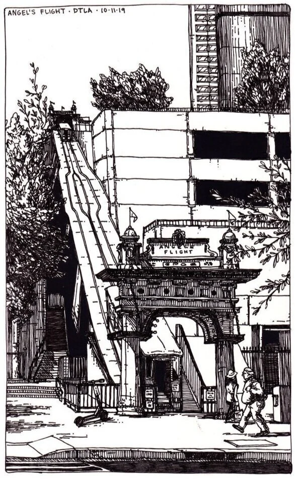 A sketch of a building with a large slide to the left, a sign reading 'Angel's Flight,' and people walking nearby, labeled 'Angel's Flight - DTLA - 10.11.19'.