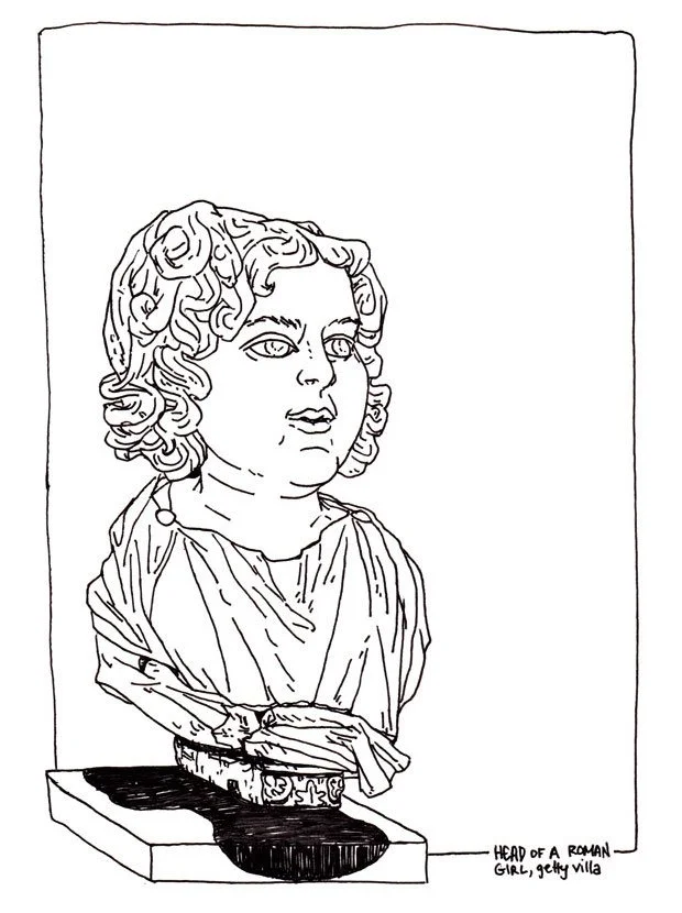 Line drawing of a Roman girl bust sculpture with curly hair, draped clothing, and a decorative belt, placed on a pedestal. Handwritten caption at the bottom right reads "Head of a Roman Girl, Getty Villa."