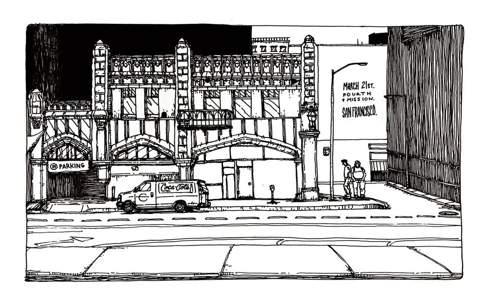 Black and white sketch of a city street scene in San Francisco, showing a large building with ornate architecture, a parked Coca-Cola truck, a parking garage entrance, two people sitting on the curb, and a banner reading 'March 21st. Fought the Missi