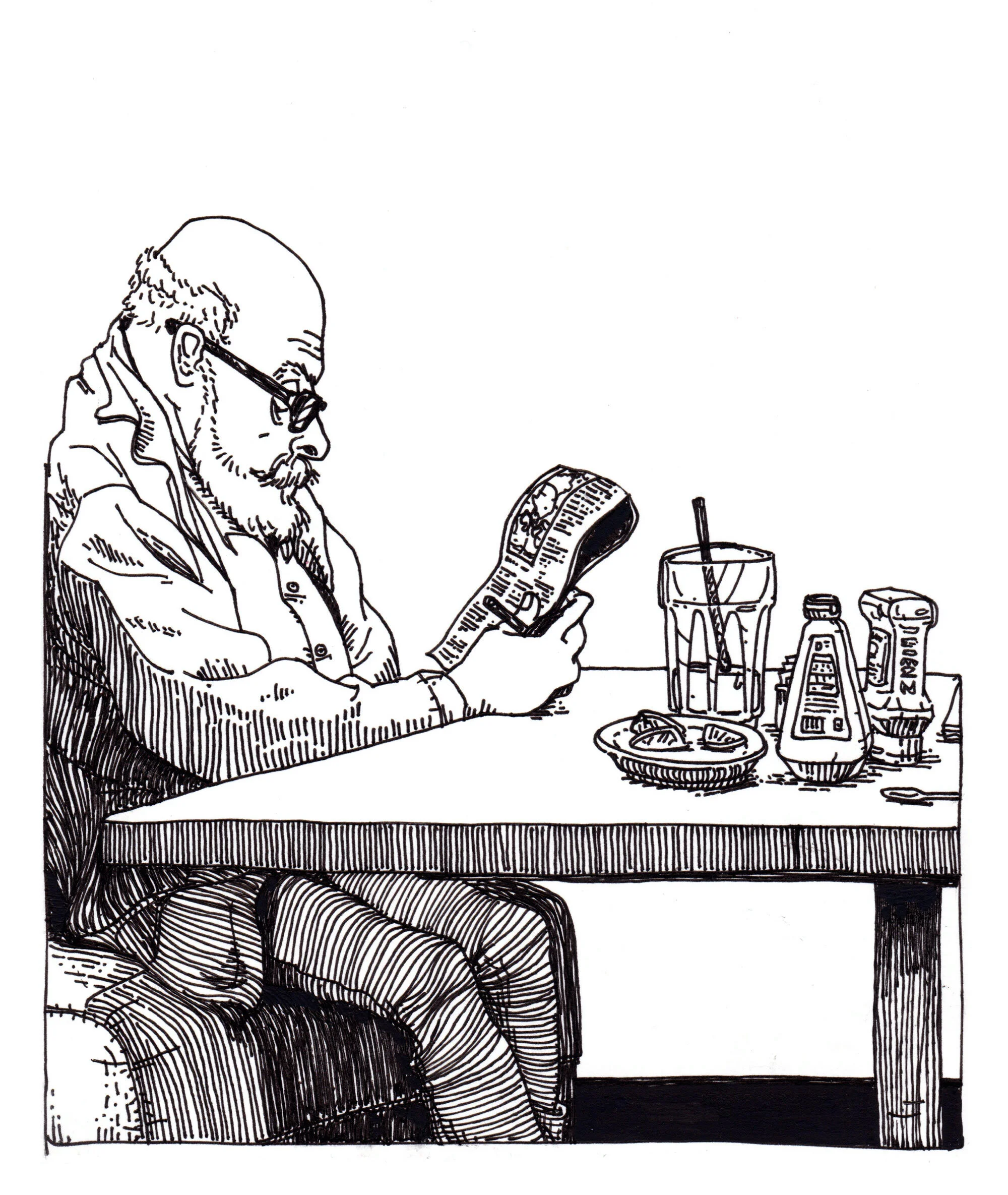 Black and white line drawing of a man with glasses and a beard sitting at a table, reading a newspaper, with a glass of drink, a plate with food, and condiments on the table.
