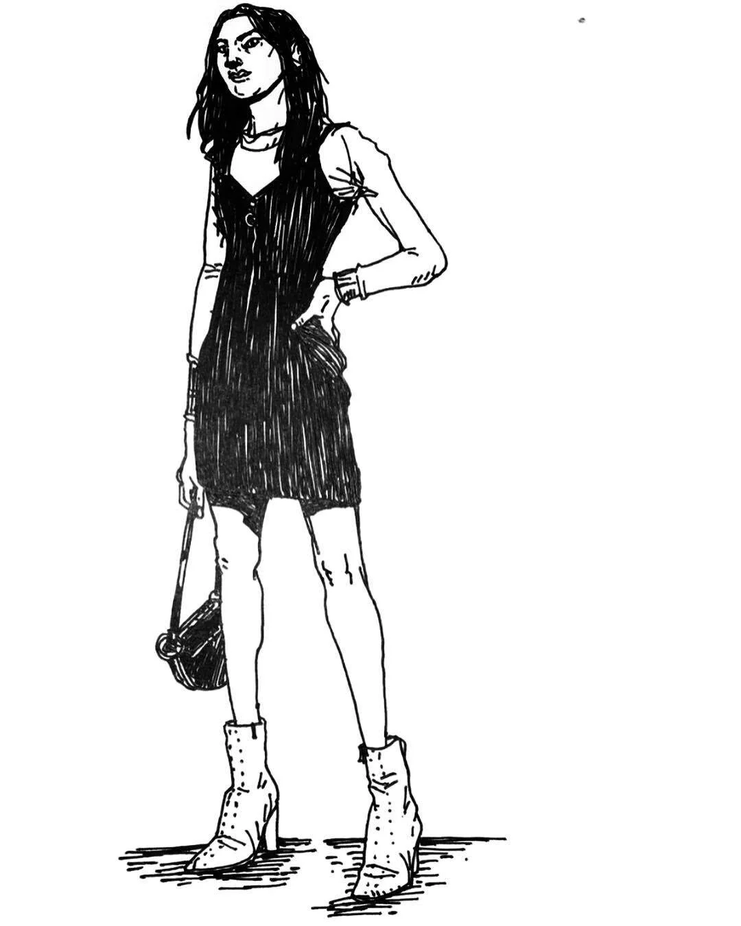 A black and white line drawing of a woman standing with one hand on her hip, wearing a dress layered over a long-sleeve shirt, high-heeled boots, and holding a small bag.